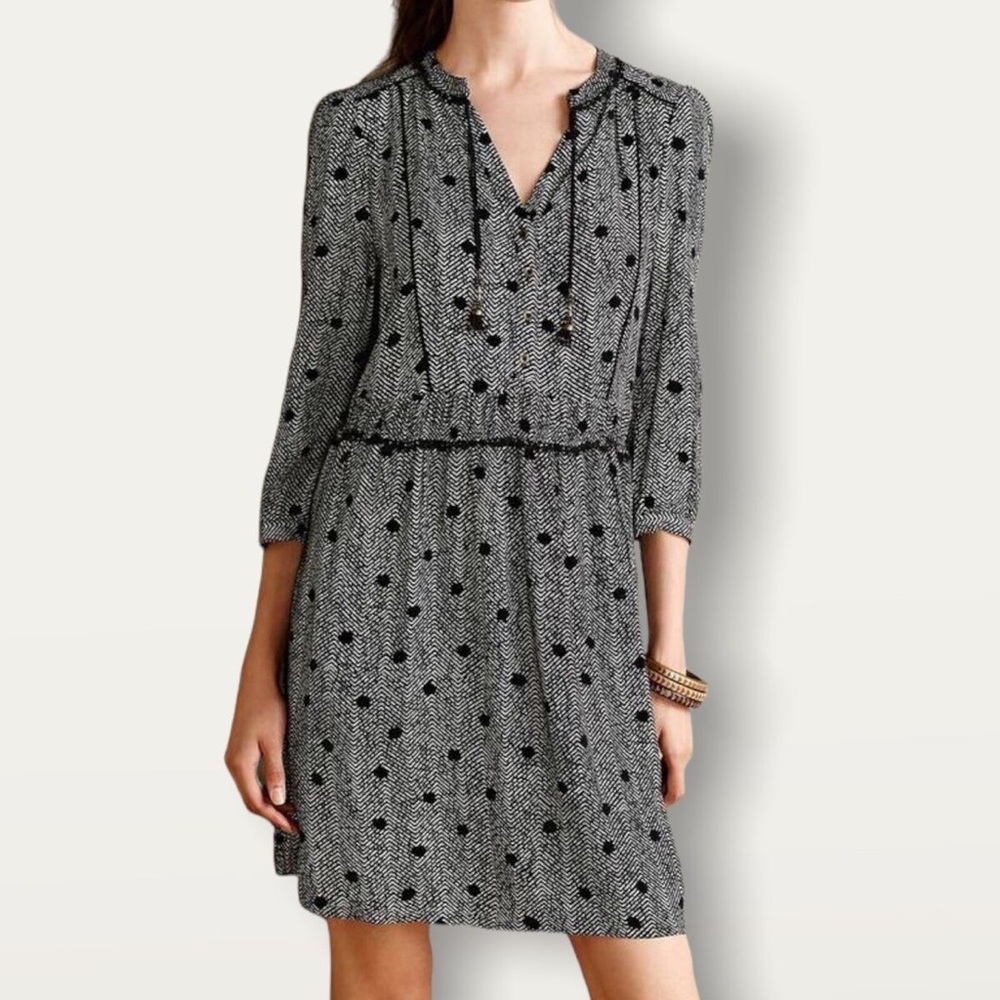 Maeve by Anthropologie Dress Galen Black White Print Pockets 3/4 Sleeves XSmall